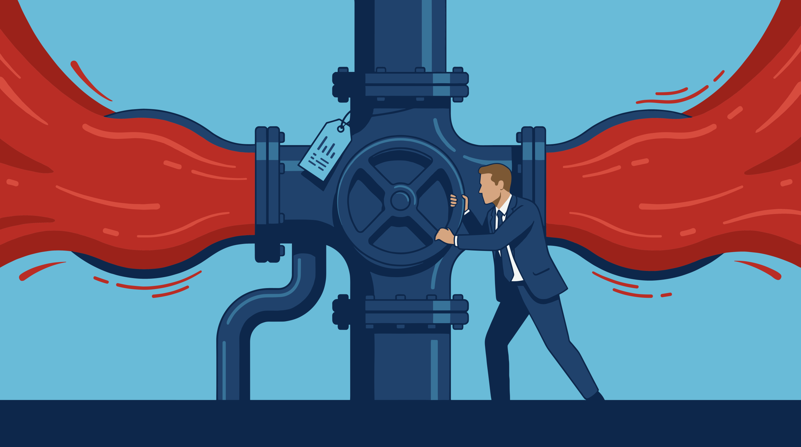 Illustration of an executive attempting to control a large pipeline valve while red flow surges through the system, representing overtime pressure.