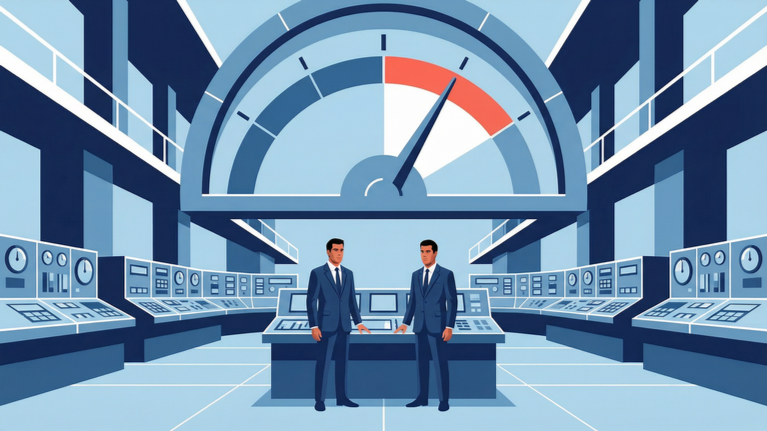 Illustration of executives reviewing a rising financial chart while a complex organizational system operates behind them, showing how workforce cost behavior differs from leadership expectations.