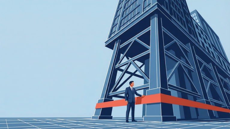 Illustration of workforce pillars connected to an operating machine, showing how labor functions as a structural variable within the operating system rather than a simple expense.