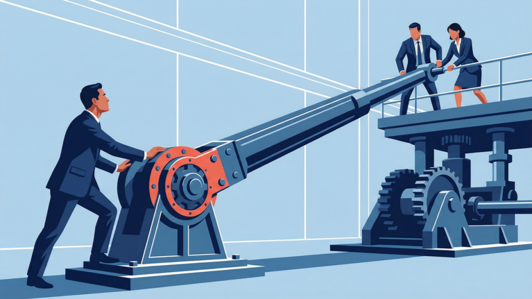 Illustration of executives examining labor structures connected to operating machinery, representing labor acting as operating leverage rather than overhead.