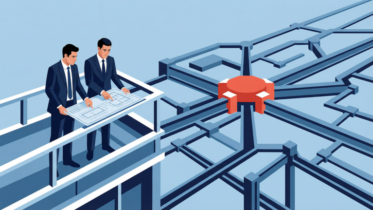 Illustration of financial leaders viewing workforce positions as fixed pillars while a complex operational system behind them reveals the hidden structure of labor economics.