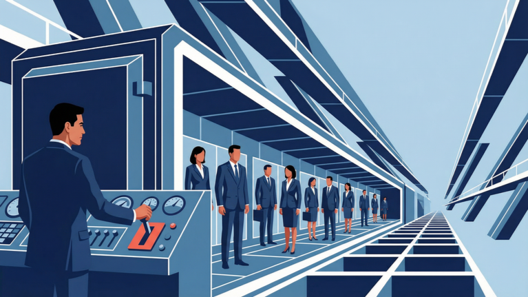 Illustration of executives standing on workforce platforms connected to a financial vault, showing workforce design as a disguised capital allocation decision.