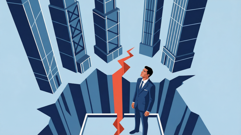 Illustration of workforce pillars connected to an operating machine where a red broken link separates accountability from operational output.
