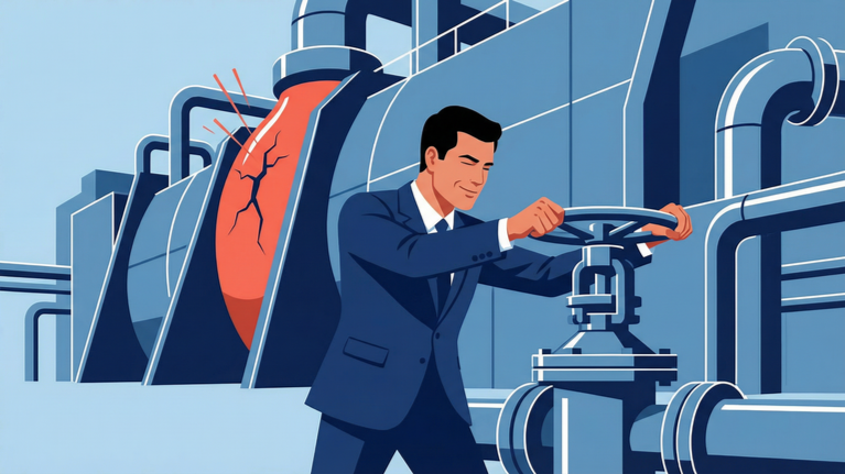 Illustration of executives operating a control console while a pressured industrial system cracks under strain, representing the illusion of cost control.