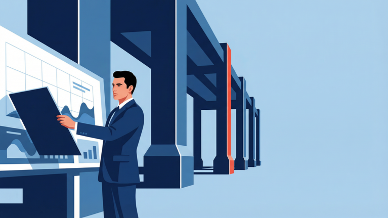 Illustration of executives studying a declining financial chart while a complex operating system of workers and processes continues functioning behind them.