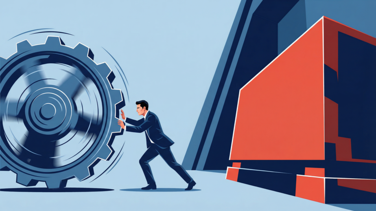 Illustration of workers pushing a large industrial gear toward a red valve that restricts operational flow inside an enterprise system.