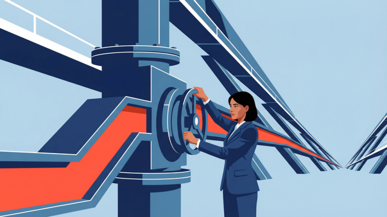 Illustration of an executive attempting to control a large pipeline valve while red flow surges through the system, representing overtime pressure.