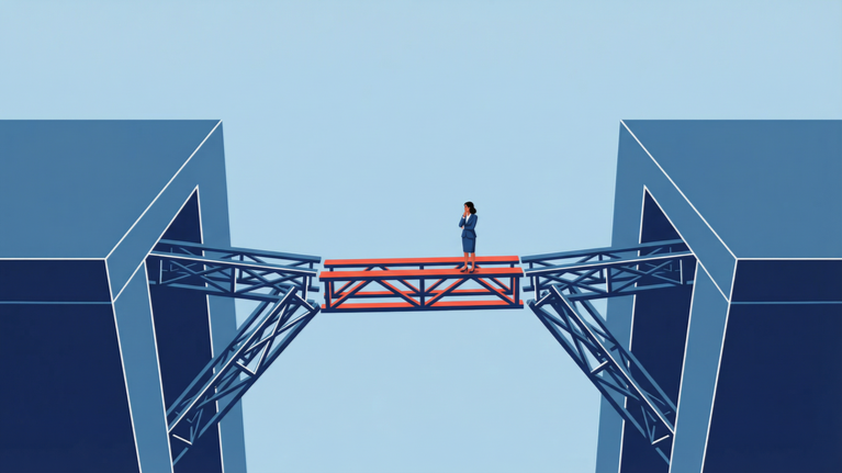 Illustration of a partially built enterprise structure connected by temporary bridges and scaffolding with a large red cost tag representing expensive improvised flexibility.