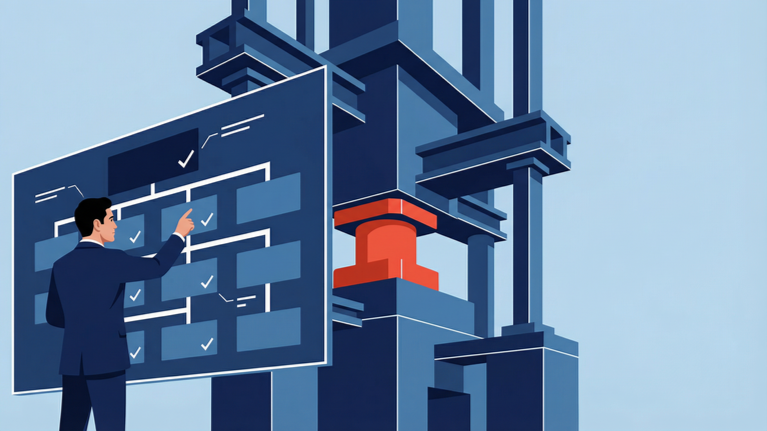 Illustration of executives reviewing an organizational chart while the workforce operates in a different direction, showing persistent labor misalignment.