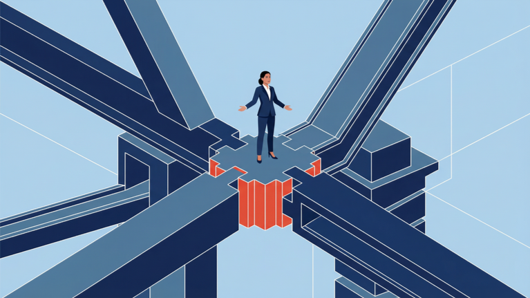 Illustration of a red operational flow connecting enterprise buildings, factories, and logistics systems, representing operating alignment creating enterprise impact.