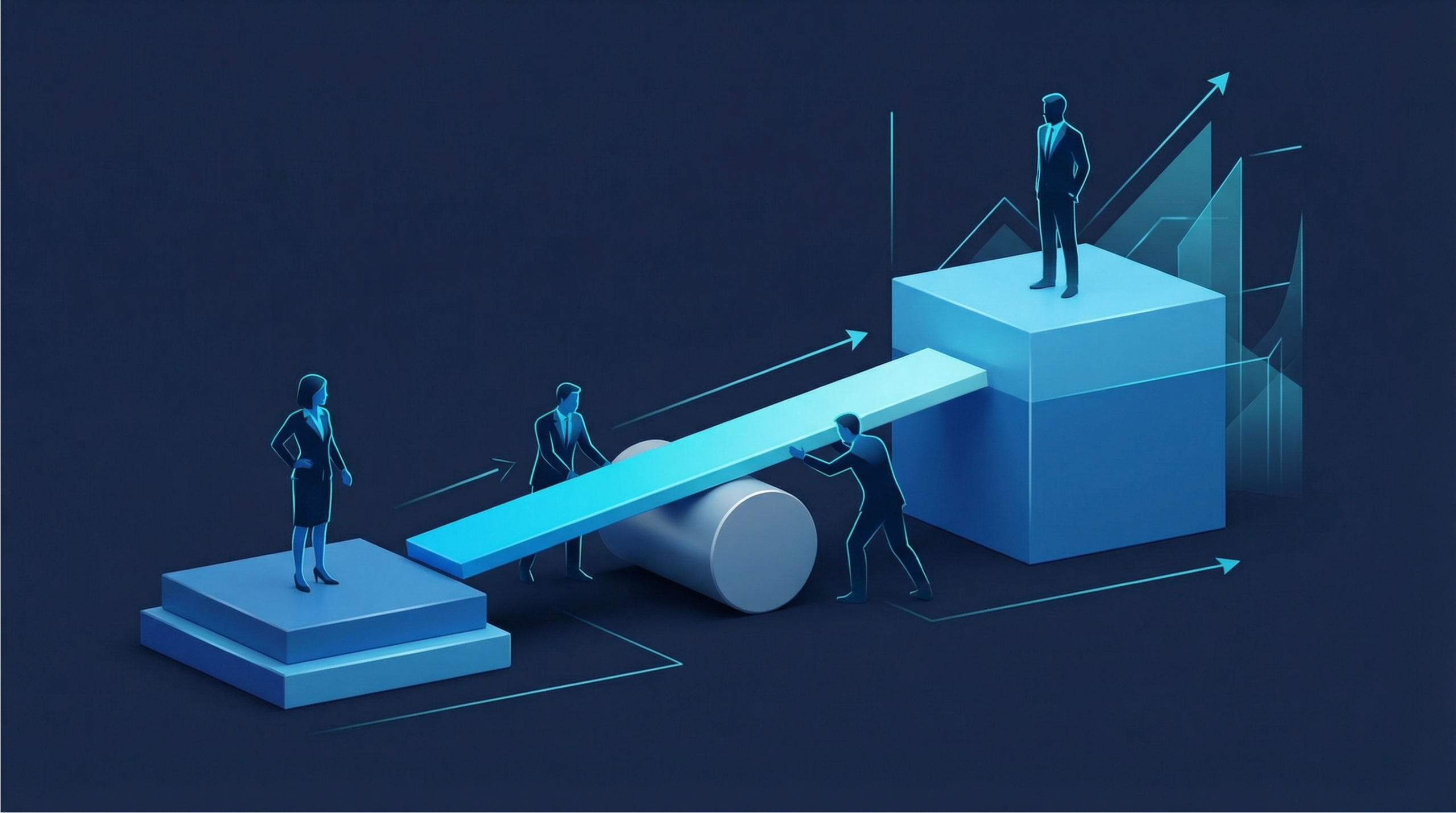 Business illustration showing workforce structure as operating leverage, with teams balancing resources to drive financial performance.