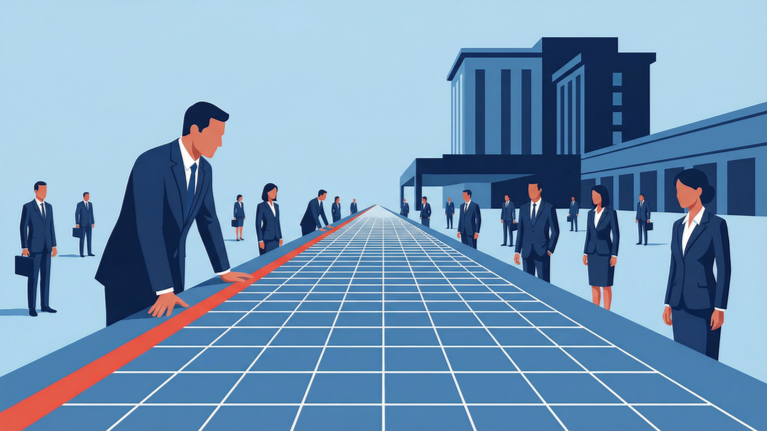 Flat isometric illustration of hospitality executives aligned along a grid-based planning table with a central red reference line, symbolizing structured labor budgeting grounded in operational realities rather than static assumptions.