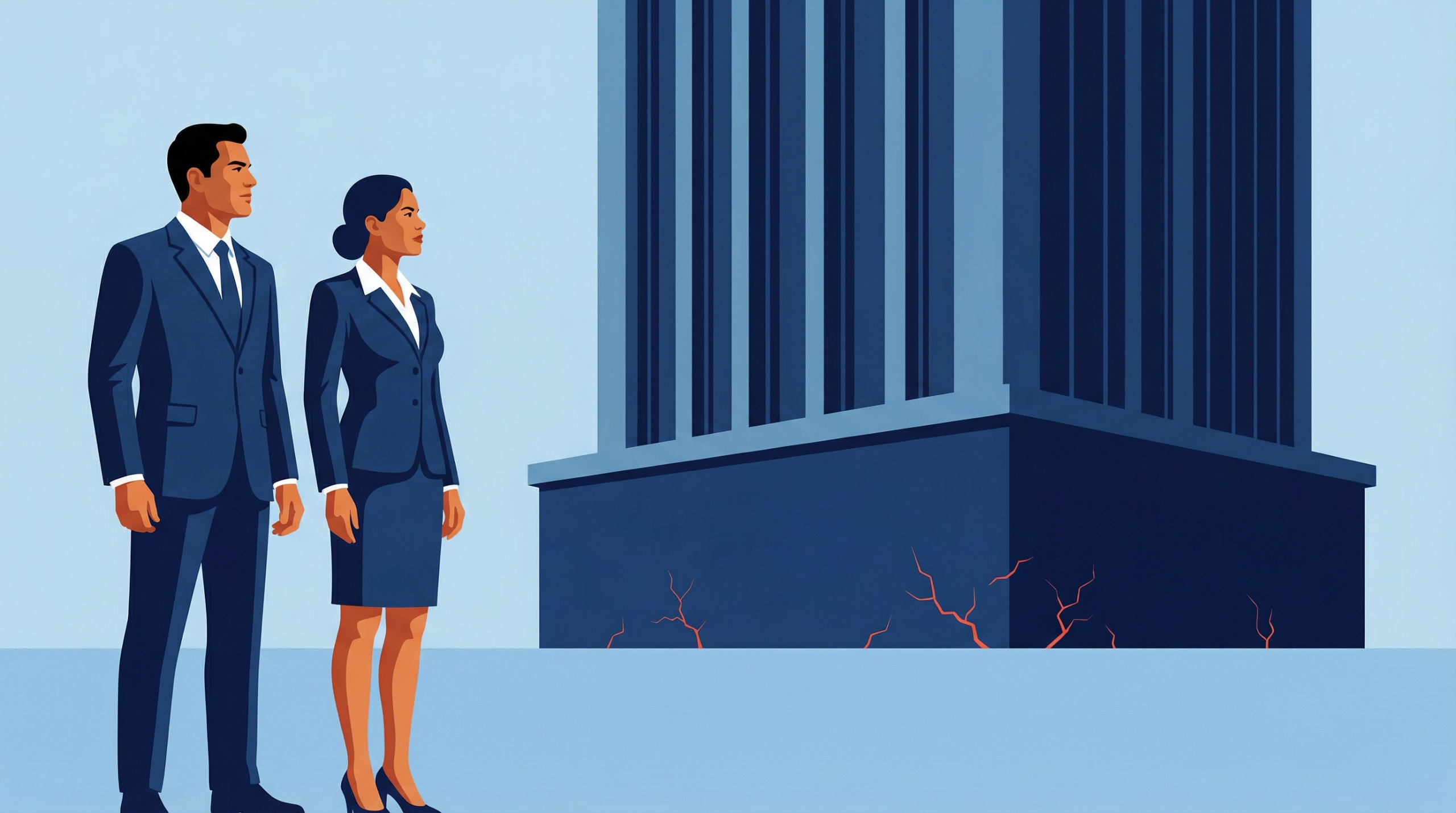 Illustration of executives standing beside a stable structure while unseen cracks form at its foundation, signaling hidden working capital erosion