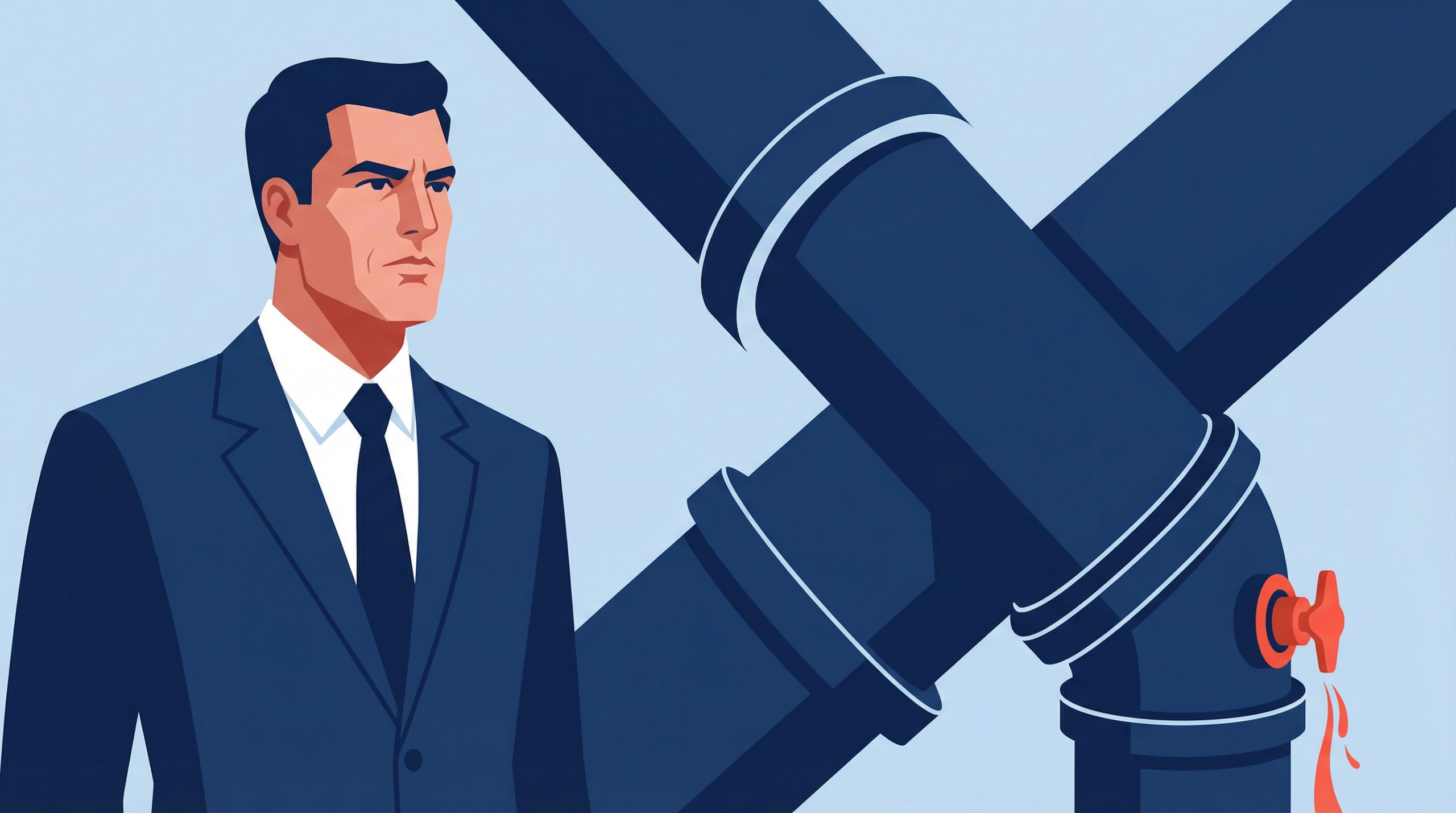Illustration of an executive observing a system of interconnected pipes with a leaking valve, showing how underlying margin inefficiencies create visible cash flow pressure