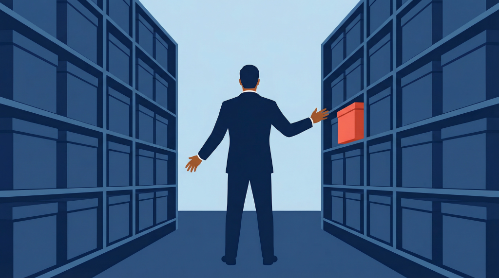 Illustration of an executive standing between inventory shelves with a highlighted unit, showing how procurement decisions influence overall working capital position