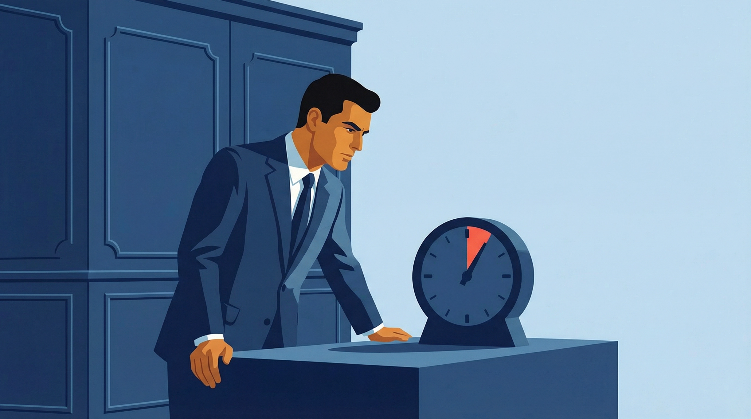 Illustration of an executive closely monitoring a timing mechanism with a highlighted window, showing how small invoice timing shifts create outsized cash flow impact