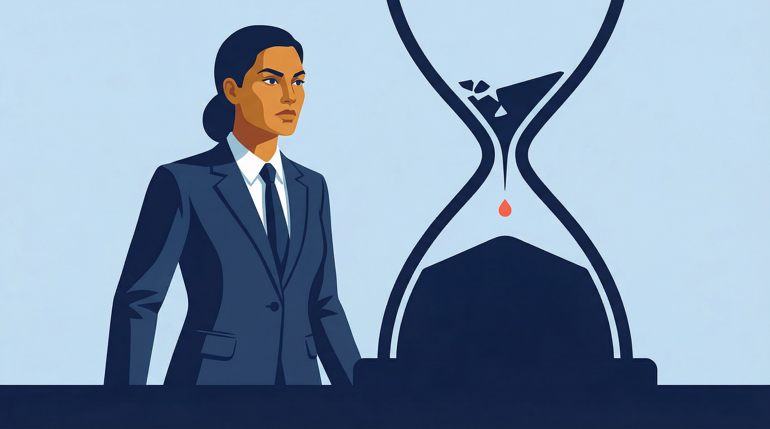 Illustration of an executive observing an hourglass with a slow, steady drop of cash falling, showing how reserves decline gradually without a single triggering event