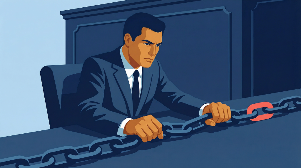 Illustration of an executive straining against a chain under tension, showing how debt obligations constrain and interact with operating cash flow