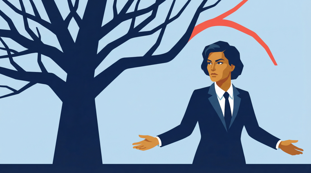 Illustration of an executive facing a branching structure of decisions with a risk path cutting through, showing how capital allocation choices create downstream cash flow risk