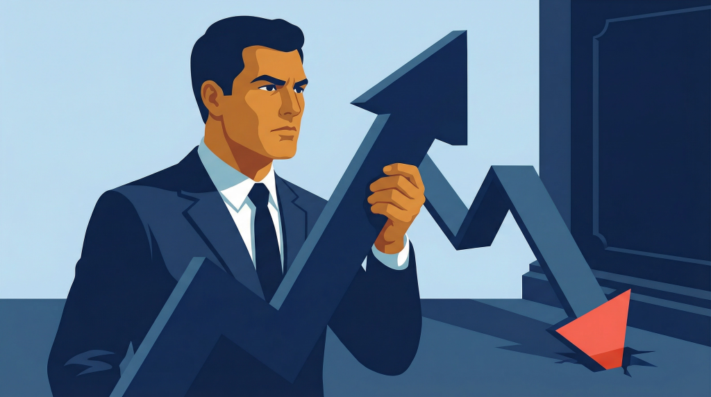 Illustration of an executive holding an upward performance indicator while a separate downward cash flow trend collapses, showing divergence between profitability and cash generation