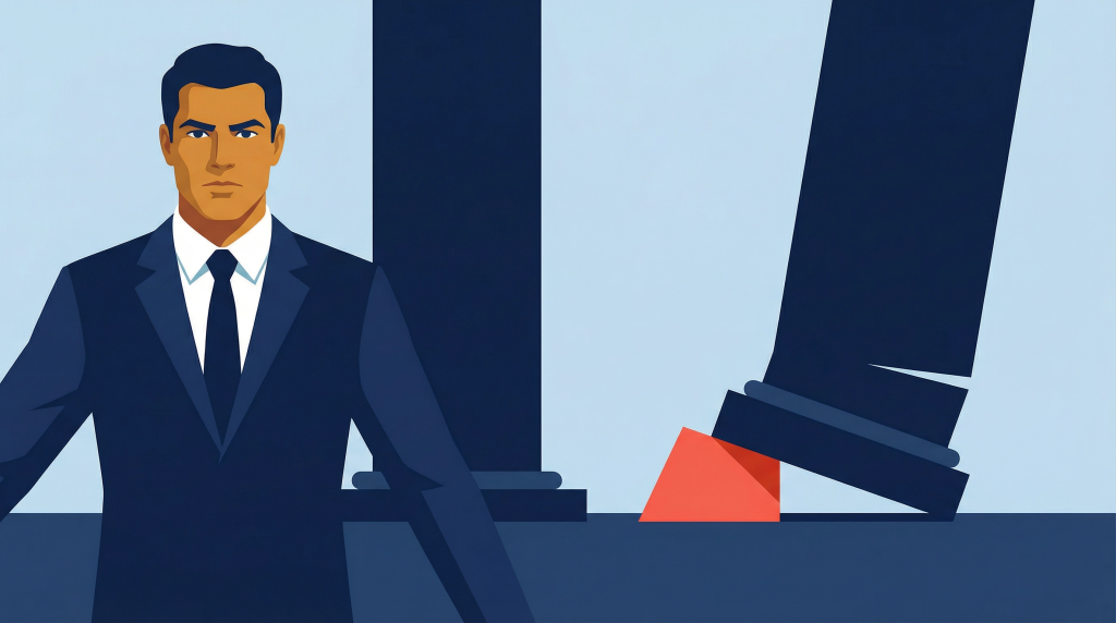 Illustration of an executive in front of structural pillars where one is stabilized by a precise support, showing how optimized cash conversion creates a sustained competitive advantage