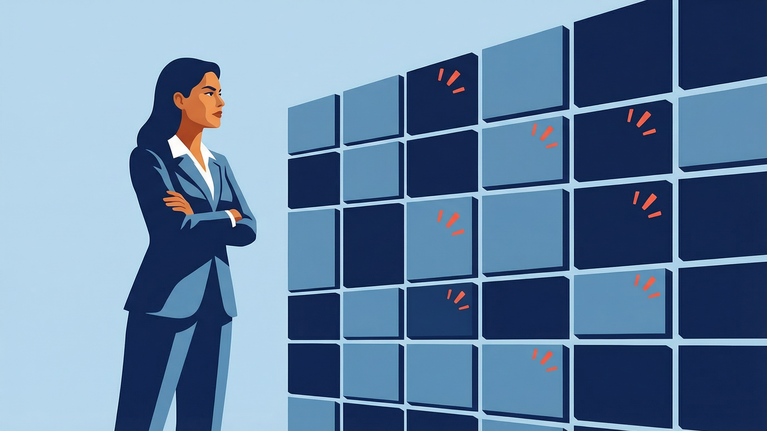Illustration of an executive observing a grid of customer accounts with scattered warning signals indicating inconsistent payment behavior and rising commercial risk