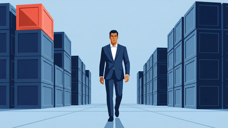 Illustration of an executive walking through rows of inventory with a highlighted excess unit, showing how stock accumulation restricts available cash