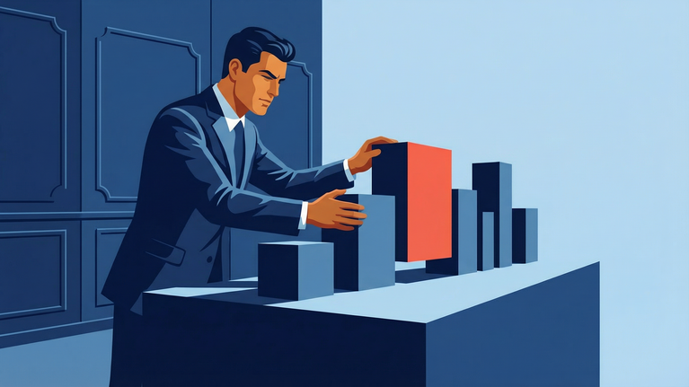 Illustration of an executive adjusting a payment structure with a highlighted block, showing how payables decisions influence broader financial outcomes