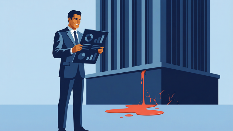 Illustration of an executive reviewing positive financial metrics while cash visibly leaks from the underlying operation behind him