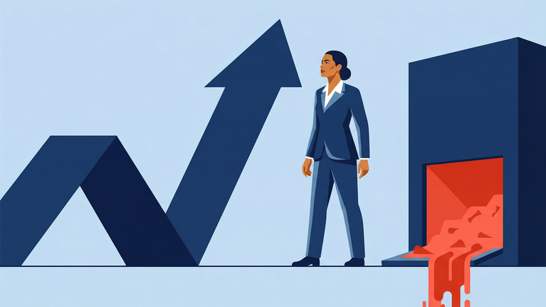 Illustration of an executive observing rising revenue growth while cash visibly drains from the business, showing how expansion consumes capital faster than expected