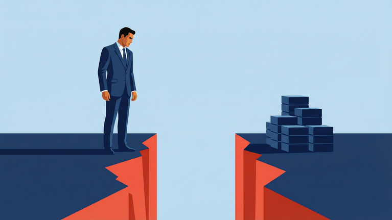 Illustration of an executive standing at the edge of a widening gap separating the business from collected cash, showing how persistent collection delays become structural barriers