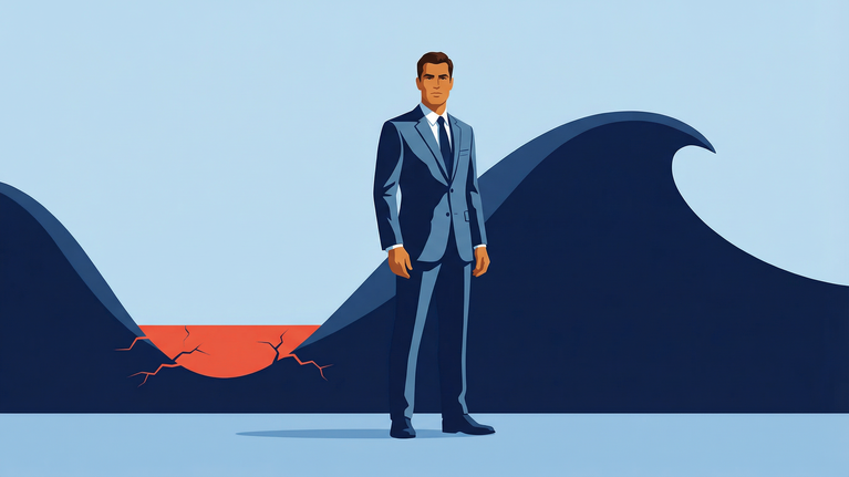 Illustration of an executive standing between rising and falling demand waves, with cracks forming at the base during transitions, revealing underlying working capital weakness
