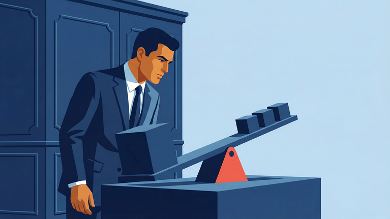 Illustration of an executive observing a tilted balance where one large revenue source outweighs several smaller ones, showing how concentration creates financial fragility