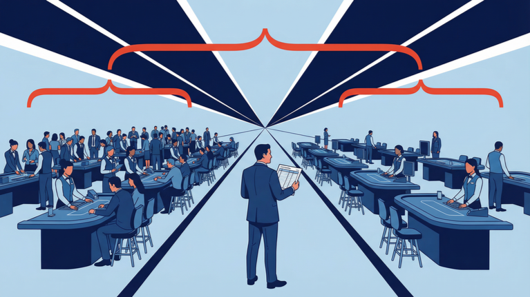 Flat isometric illustration of a casino floor divided into active and low-activity gaming areas, with an executive reviewing staffing allocation, representing demand-based labor deployment and variability management.