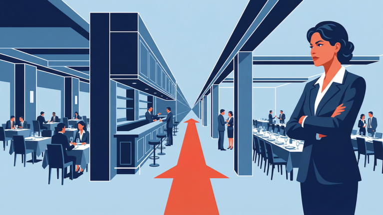 Flat isometric illustration of multiple hotel food and beverage outlets, including dining and bar areas, connected by a central red pathway, with executives overseeing coordinated labor deployment across outlets.