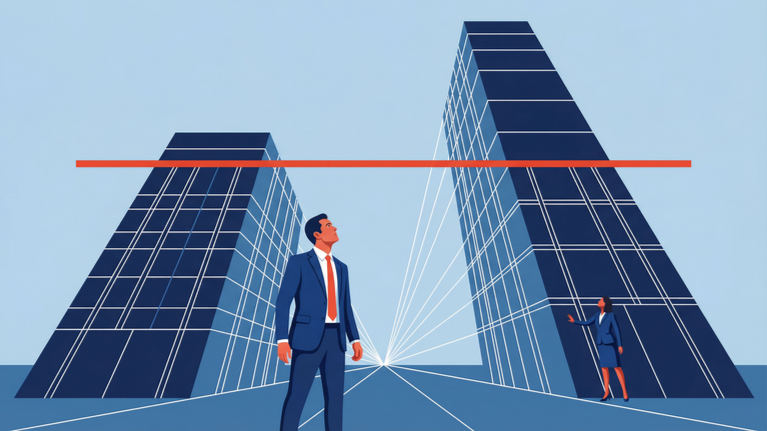 Flat isometric illustration of two hotel towers connected by structural perspective lines, with executive figures evaluating scale and alignment, representing labor cost benchmarking and comparative cost structure analysis in hospitality.