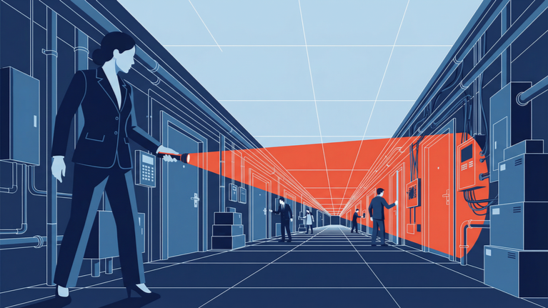 Flat isometric illustration of a hospitality executive scanning a back-of-house corridor with a red visibility beam, revealing hidden operational activity and labor cost leakage affecting hotel margins.