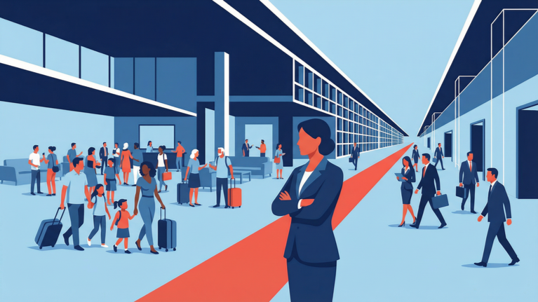 Flat isometric illustration of a hotel lobby showing varied guest groups alongside operational staff, divided by a central red pathway, representing how changing guest mix affects labor deployment across shifts.