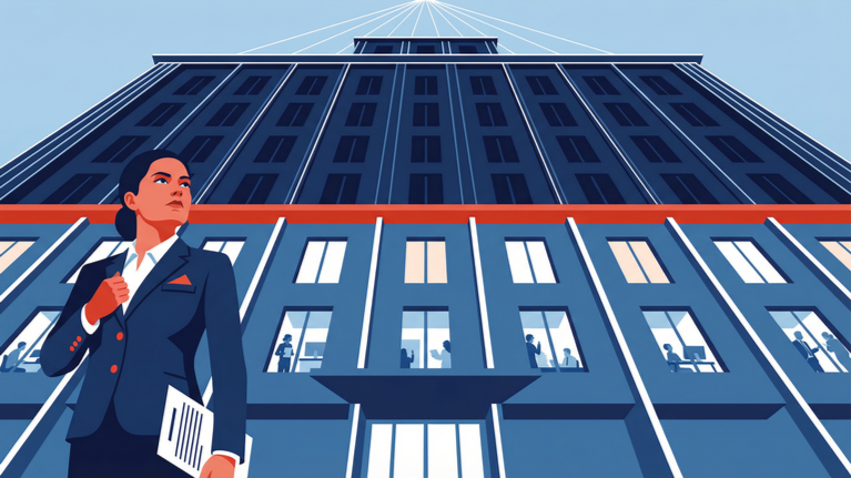 Flat isometric illustration of a hotel tower with illuminated and darkened office windows, overseen by an executive figure, symbolizing shifts in labor cost structure during periods of low occupancy.