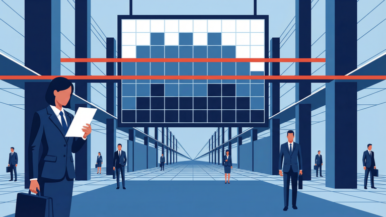 Flat isometric illustration of hospitality executives positioned beneath a large grid-based performance board, symbolizing structured labor productivity measurement beyond traditional occupied room metrics.