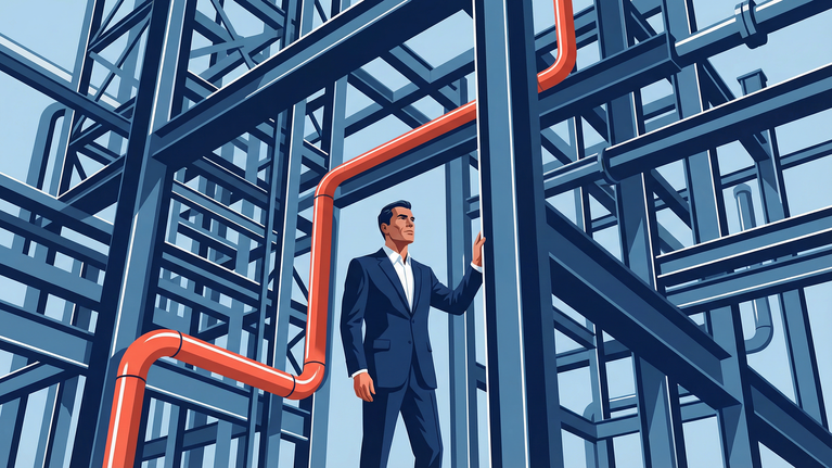 Illustration of interconnected corporate buildings linked by a continuous red path representing revenue flow moving through complex organizational structures while executives navigate the system.