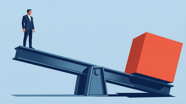 Illustration of corporate leaders standing on one side of a tilted platform while a large red block on the opposite side shifts the balance, representing strategic pressure affecting organizational stability.