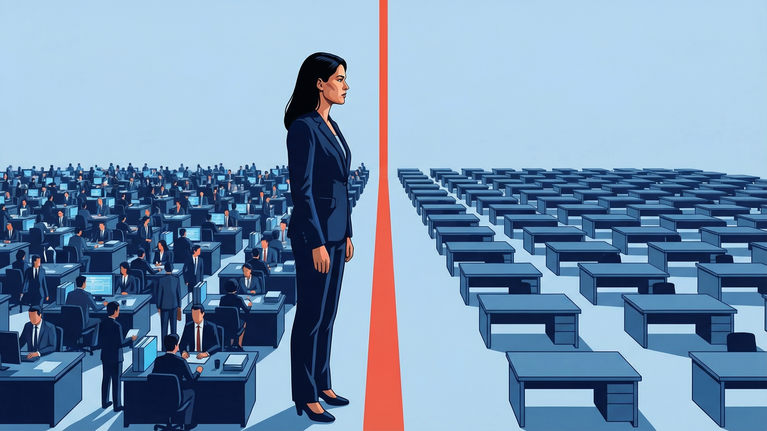 Illustration of a crowded office full of employees and activity on one side while rows of empty desks sit idle on the other, separated by a red line highlighting imbalance in workforce capacity.
