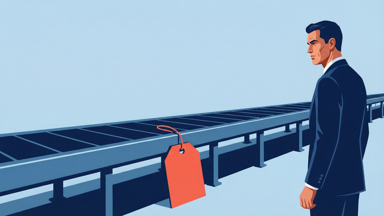 Illustration of a corporate production system with automated machinery placing a red price tag onto a conveyor line while executives observe the pricing process.