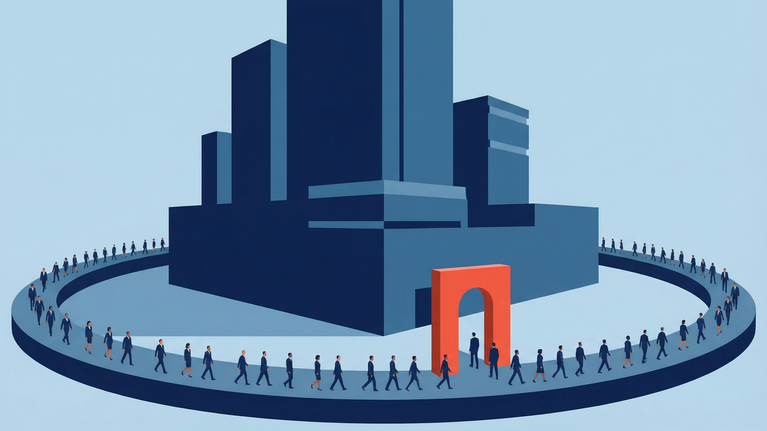 Illustration of corporate employees walking in a continuous circular path around a structure while passing through a red gate representing organizational systems that shape workforce movement and performance.