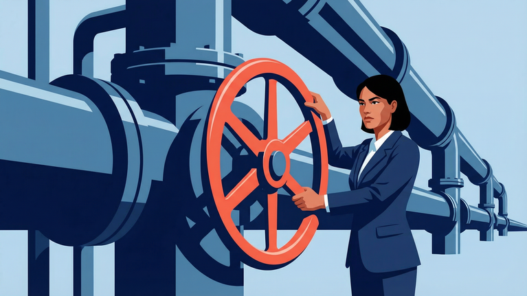 Illustration of corporate leaders observing the flow of resources through a large pipeline system with a red valve controlling the movement through the network.