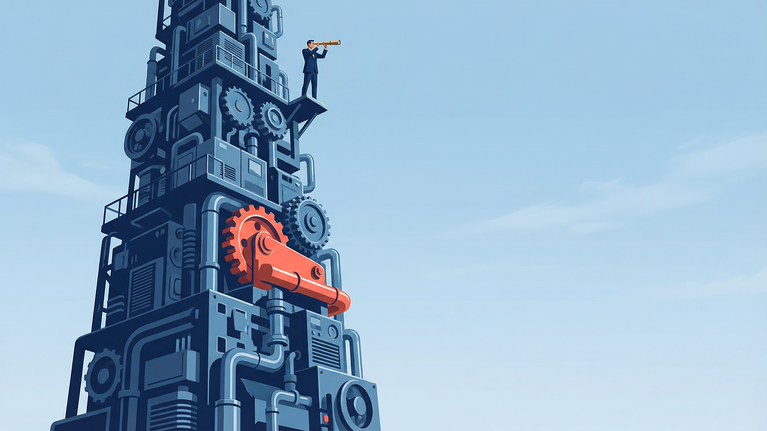 Illustration of a corporate tower of operational systems and machinery with a leader at the top using a telescope to observe the broader business landscape while teams work below.