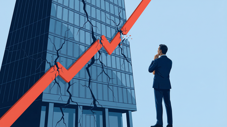 Illustration of a corporate building cracking under structural pressure while a red growth line rises across the facade as operational systems collapse beneath it.
