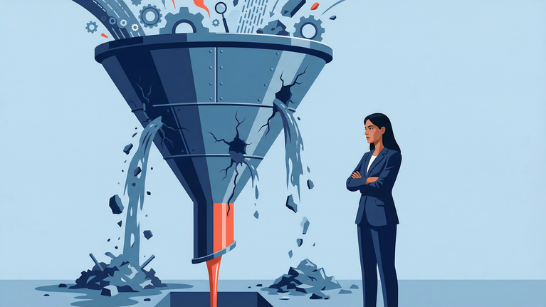 Illustration of a large corporate funnel leaking resources while a red stream flows through a single controlled outlet as executives observe the system.
