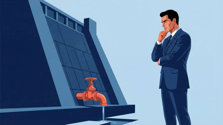 Illustration of a large corporate reservoir storing resources while a red valve releases a controlled stream as executives monitor the system.